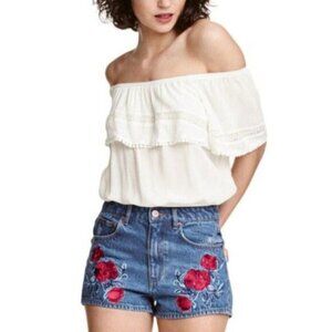 H&M X COACHELLA High-Rise Floral Embroidery Jean Shorts Sz 6